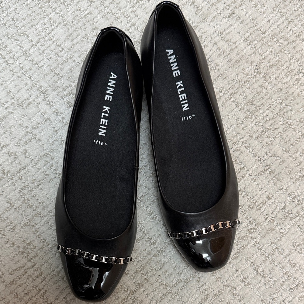 Anne Klein Black Patent Flats with Chain Detail